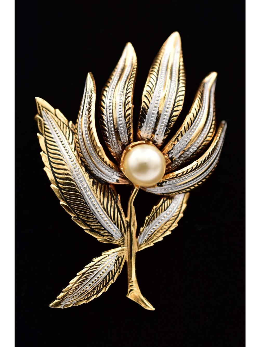 Spain Vintage Two Tone Pearl Flower Brooch Gold Silver Floral Pin Signed BinBP